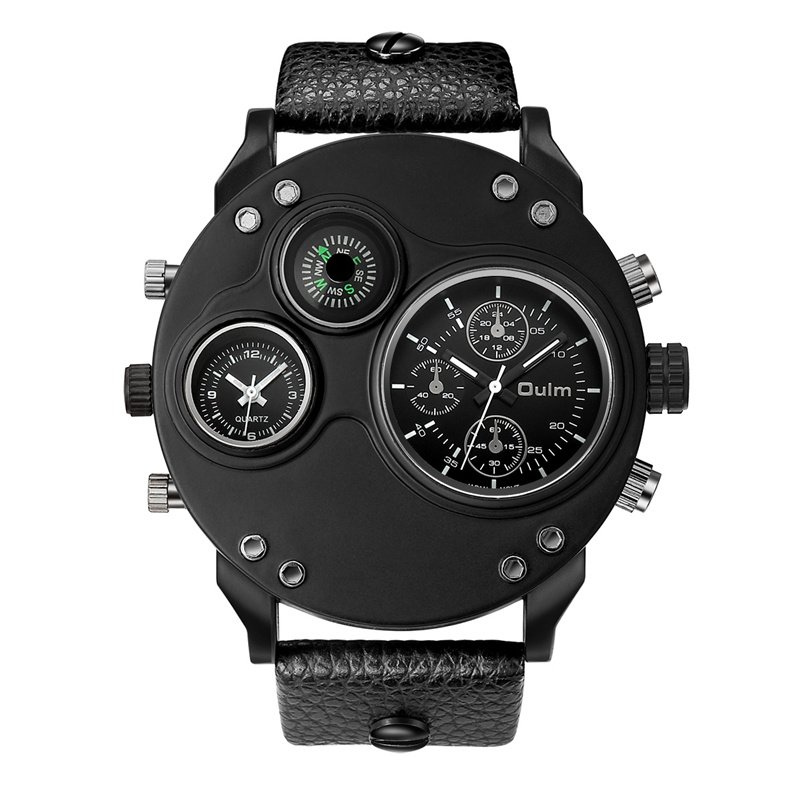 Montre en Quartz Noir en Cuir avec Double Fuseau Horaire