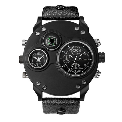 Montre en Quartz Noir en Cuir avec Double Fuseau Horaire