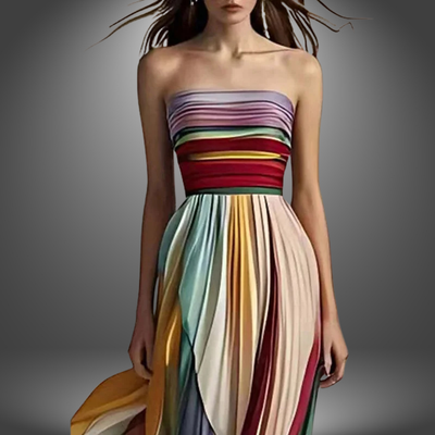 Marie | Robe maxi plissée sans bretelles et colorée