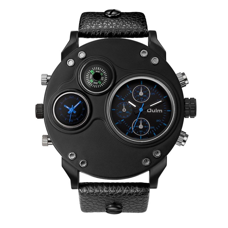 Montre en Quartz Noir en Cuir avec Double Fuseau Horaire
