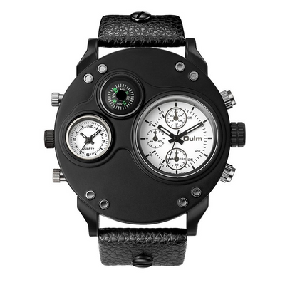 Montre en Quartz Noir en Cuir avec Double Fuseau Horaire