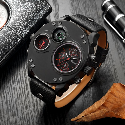 Montre en Quartz Noir en Cuir avec Double Fuseau Horaire