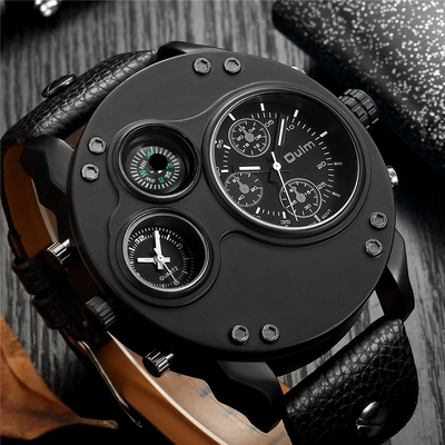 Montre en Quartz Noir en Cuir avec Double Fuseau Horaire