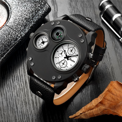 Montre en Quartz Noir en Cuir avec Double Fuseau Horaire