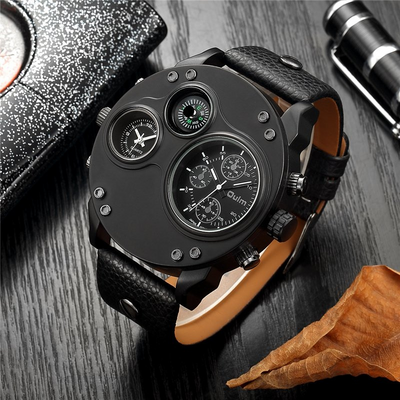Montre en Quartz Noir en Cuir avec Double Fuseau Horaire