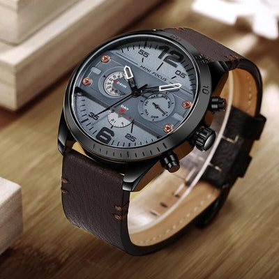 Montre de Sport Chronographe Quartz avec Bracelet en Cuir Luxe
