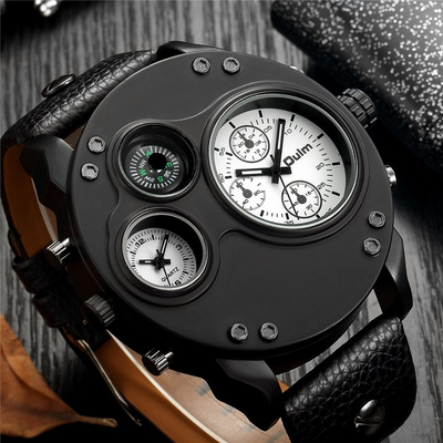 Montre en Quartz Noir en Cuir avec Double Fuseau Horaire