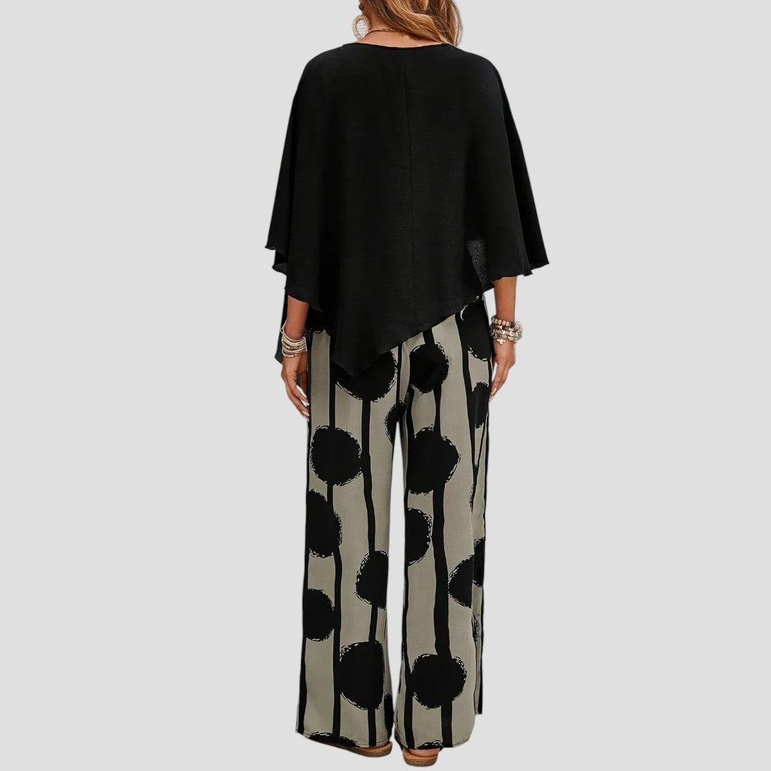 Milavie™ | Ensemble femme à la mode avec top asymétrique et pantalon imprimé