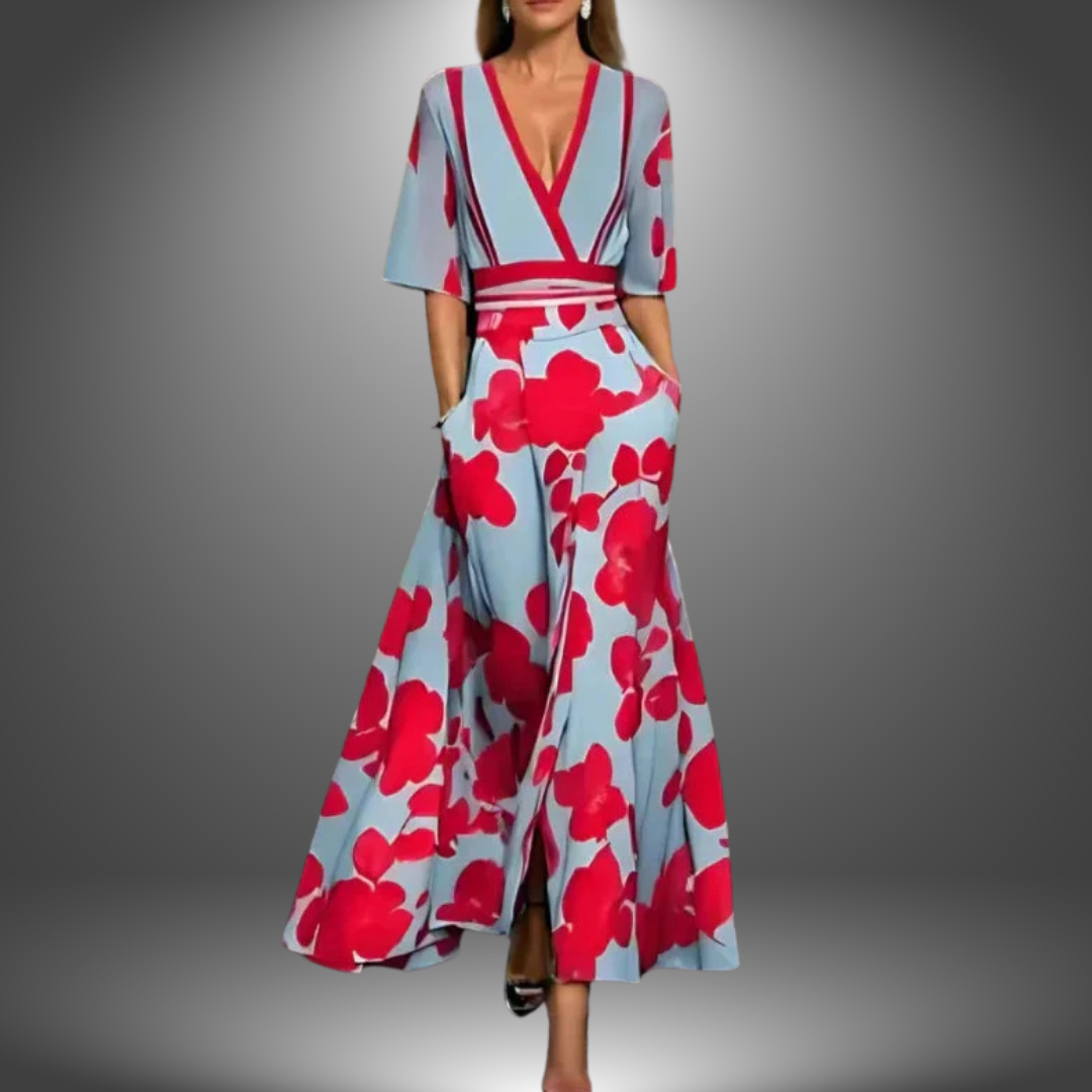Margrethe | Robe maxi fleurie chic avec décolleté en V