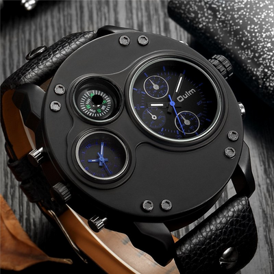 Montre en Quartz Noir en Cuir avec Double Fuseau Horaire