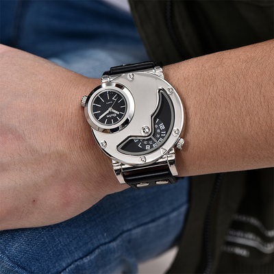 Montre à bracelet en cuir multi-fuseaux horaires