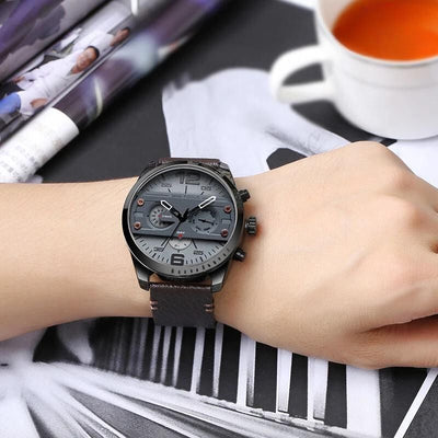 Montre de Sport Chronographe Quartz avec Bracelet en Cuir Luxe