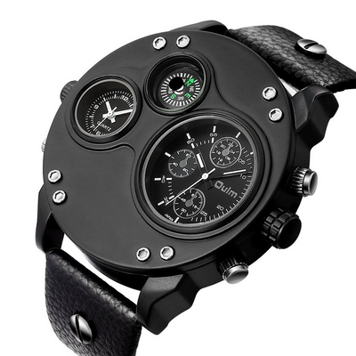 Montre en Quartz Noir en Cuir avec Double Fuseau Horaire