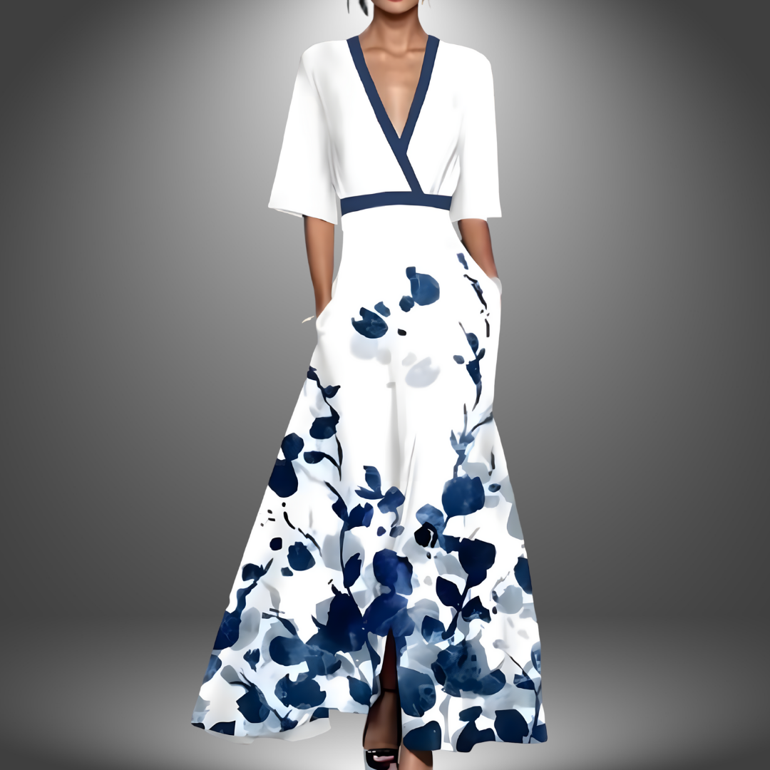 Margrethe | Robe maxi fleurie chic avec décolleté en V