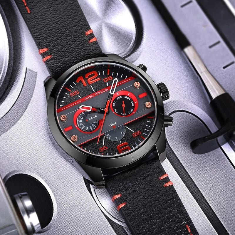 Montre de Sport Chronographe Quartz avec Bracelet en Cuir Luxe