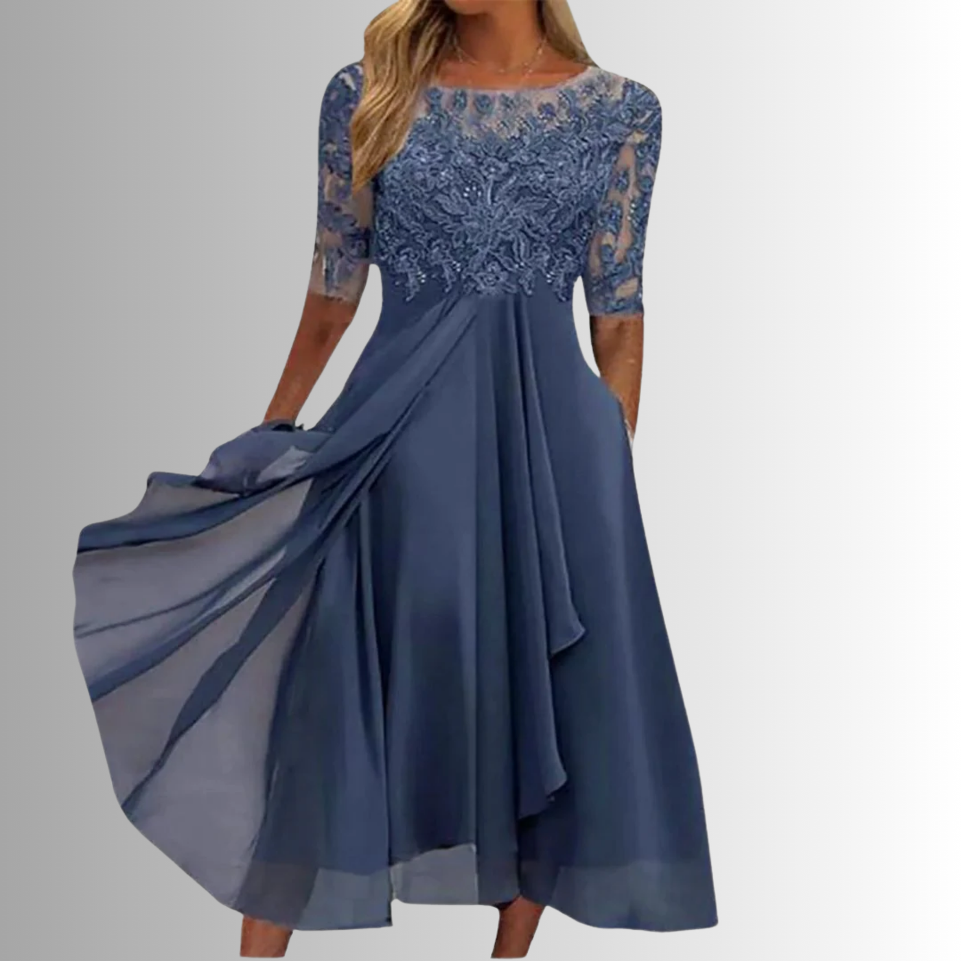 Rhonda | Robe Midi en Chiffon Brodée avec Dentelle