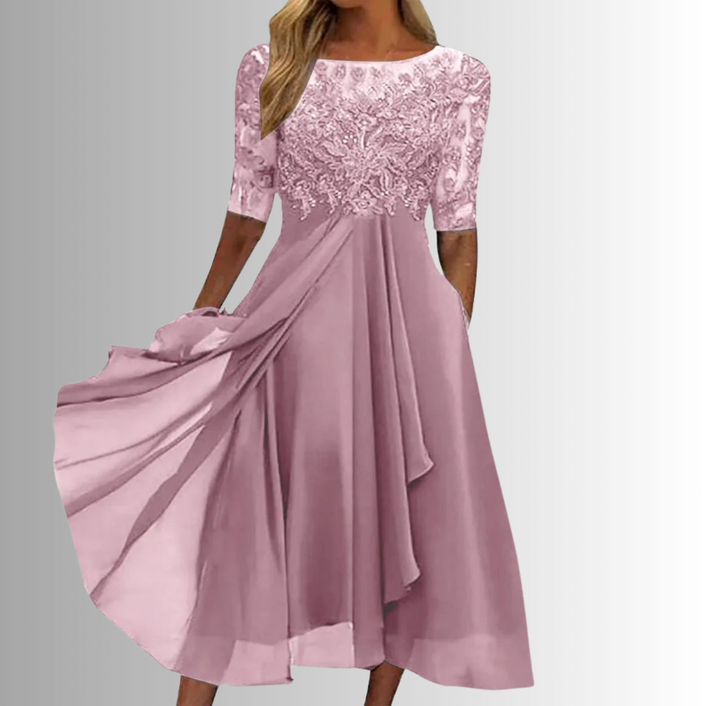 Rhonda | Robe Midi en Chiffon Brodée avec Dentelle