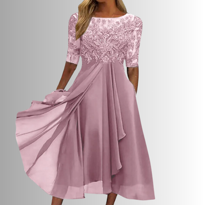 Rhonda | Robe Midi en Chiffon Brodée avec Dentelle