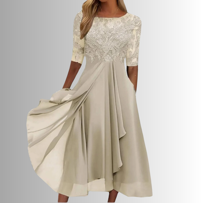 Rhonda | Robe Midi en Chiffon Brodée avec Dentelle