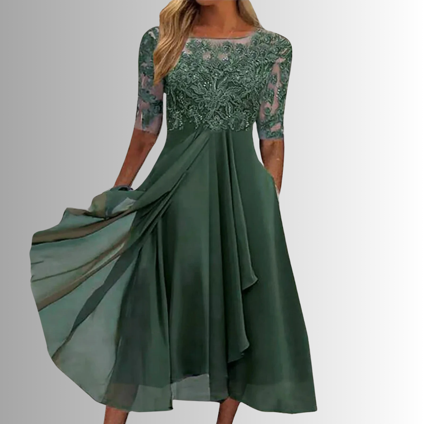 Rhonda | Robe Midi en Chiffon Brodée avec Dentelle
