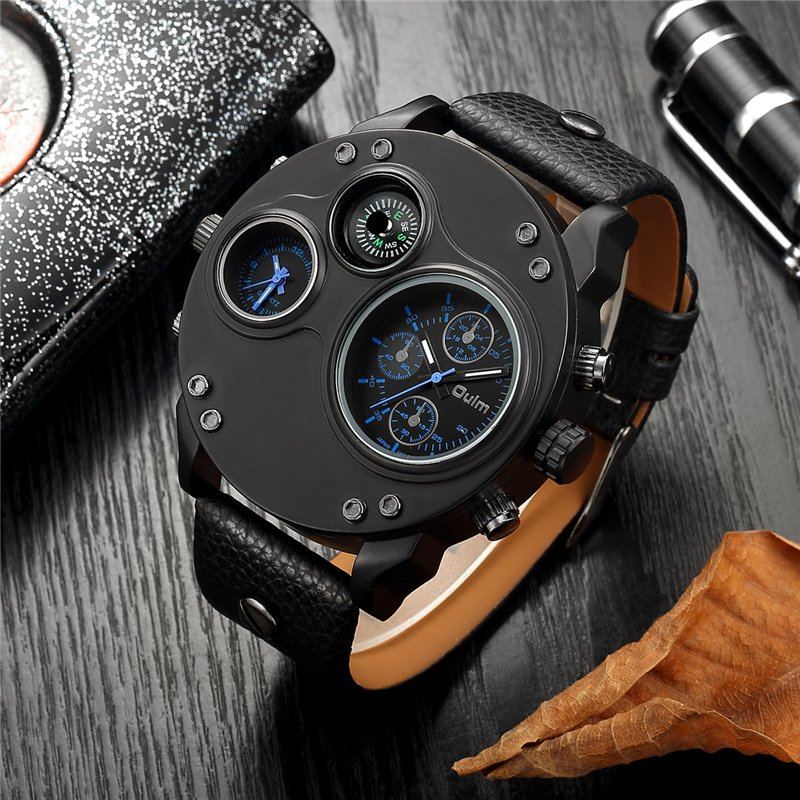Montre en Quartz Noir en Cuir avec Double Fuseau Horaire