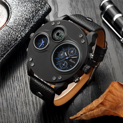 Montre en Quartz Noir en Cuir avec Double Fuseau Horaire
