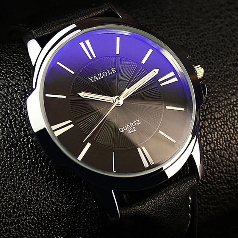 Montre de Luxe en Verre Bleu et Cuir
