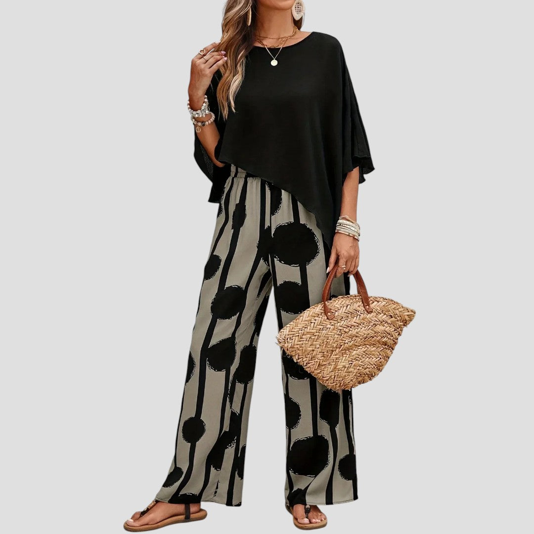 Milavie™ | Ensemble femme à la mode avec top asymétrique et pantalon imprimé