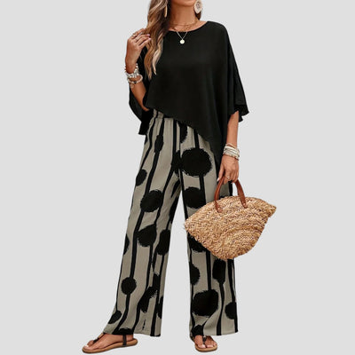 Milavie™ | Ensemble femme à la mode avec top asymétrique et pantalon imprimé