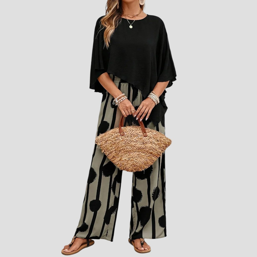 Milavie™ | Ensemble femme à la mode avec top asymétrique et pantalon imprimé