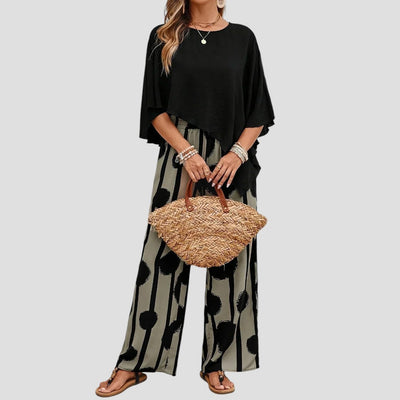Milavie™ | Ensemble femme à la mode avec top asymétrique et pantalon imprimé