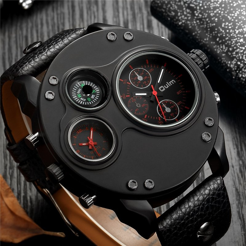 Montre en Quartz Noir en Cuir avec Double Fuseau Horaire