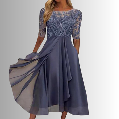 Rhonda | Robe Midi en Chiffon Brodée avec Dentelle