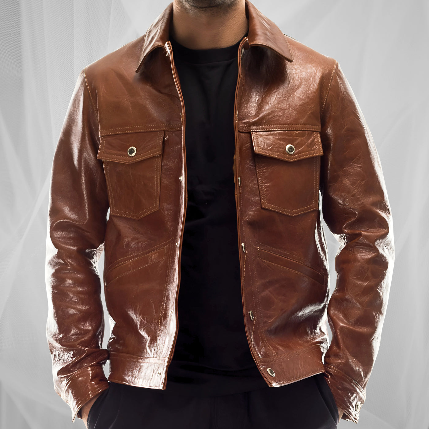 Veste classique en cuir d'agneau élastique