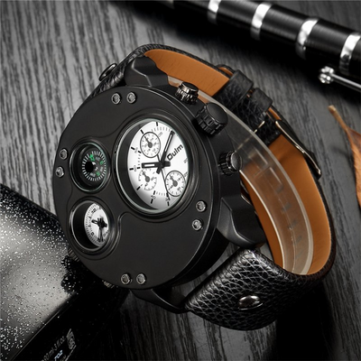 Montre en Quartz Noir en Cuir avec Double Fuseau Horaire