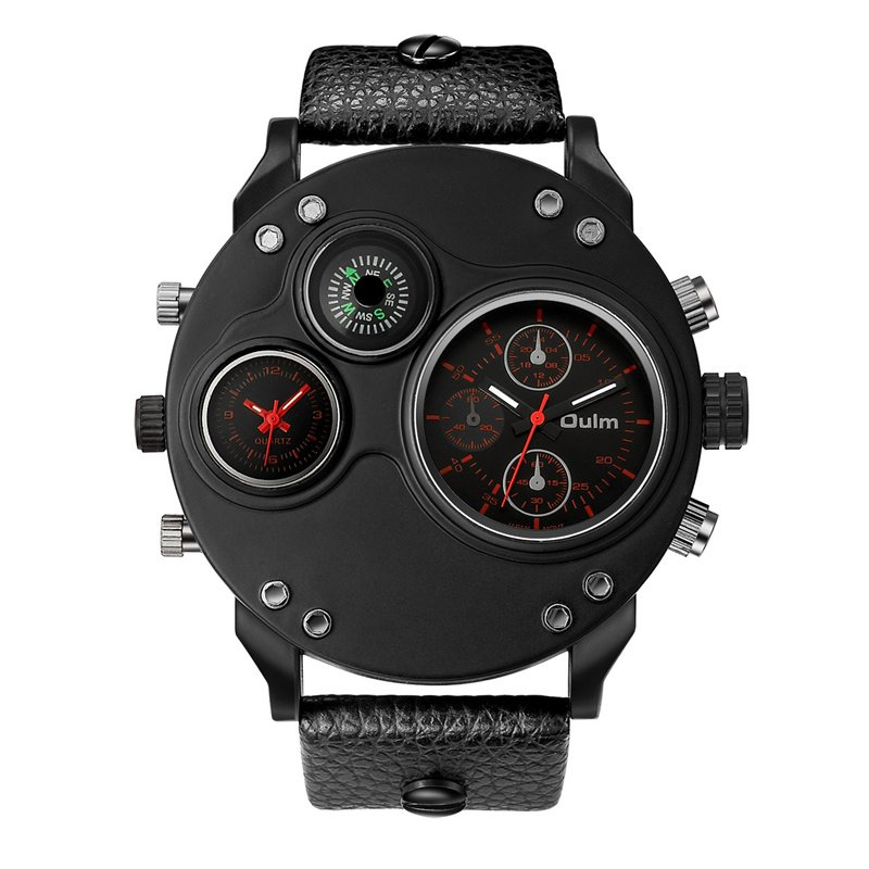 Montre en Quartz Noir en Cuir avec Double Fuseau Horaire