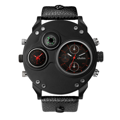 Montre en Quartz Noir en Cuir avec Double Fuseau Horaire