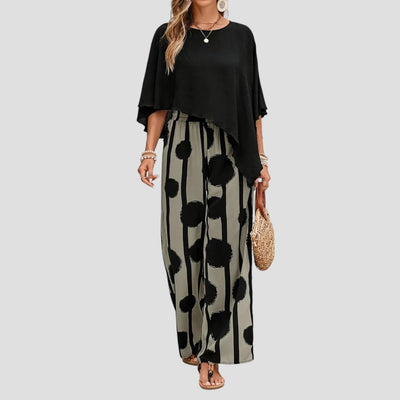 Milavie™ | Ensemble femme à la mode avec top asymétrique et pantalon imprimé