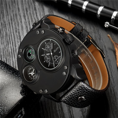 Montre en Quartz Noir en Cuir avec Double Fuseau Horaire