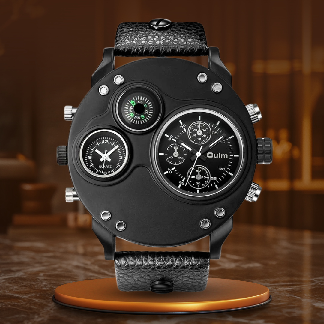 Montre en Quartz Noir en Cuir avec Double Fuseau Horaire