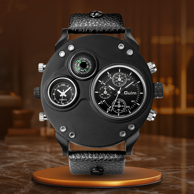 Montre en Quartz Noir en Cuir avec Double Fuseau Horaire