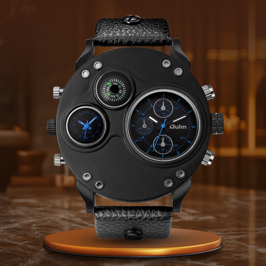 Montre en Quartz Noir en Cuir avec Double Fuseau Horaire