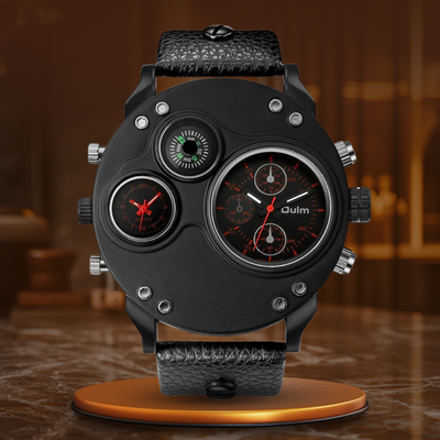 Montre en Quartz Noir en Cuir avec Double Fuseau Horaire