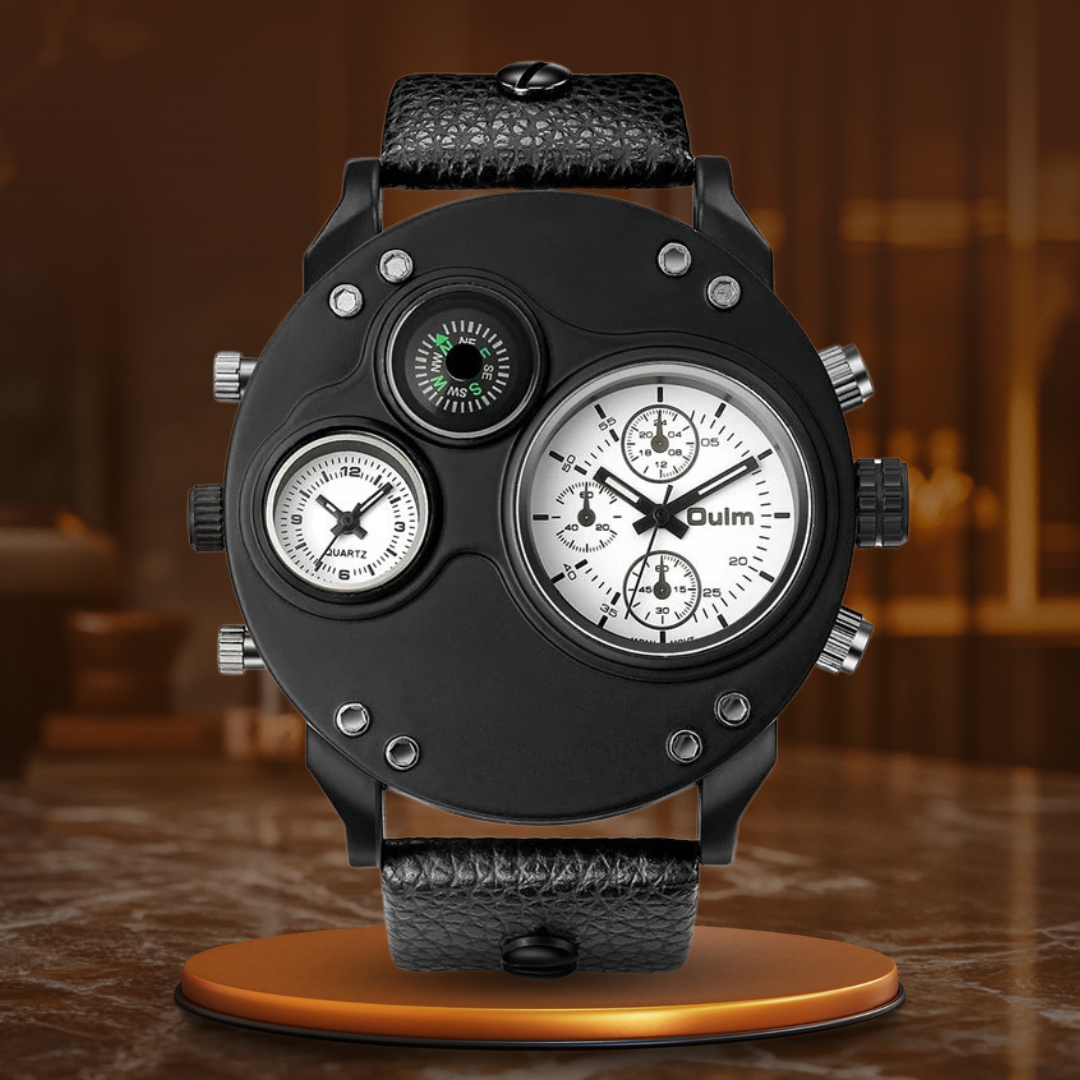 Montre en Quartz Noir en Cuir avec Double Fuseau Horaire