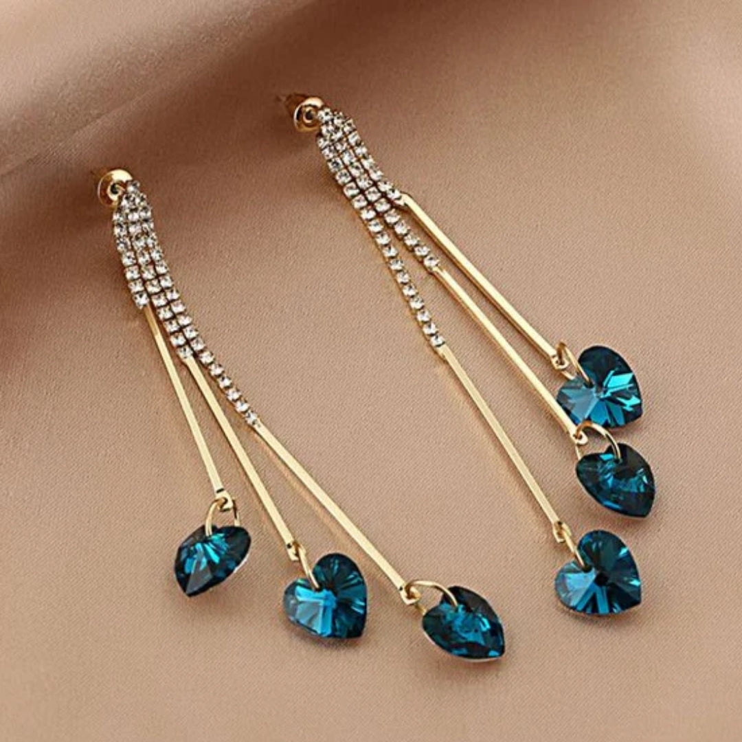 Boucles d'Oreilles de Pluie de Cœur en Cristal Bleu Élégant