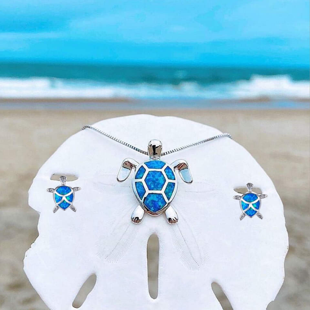 Collier et Boucles d'Oreilles en Tortue Marine en Opale et Argent