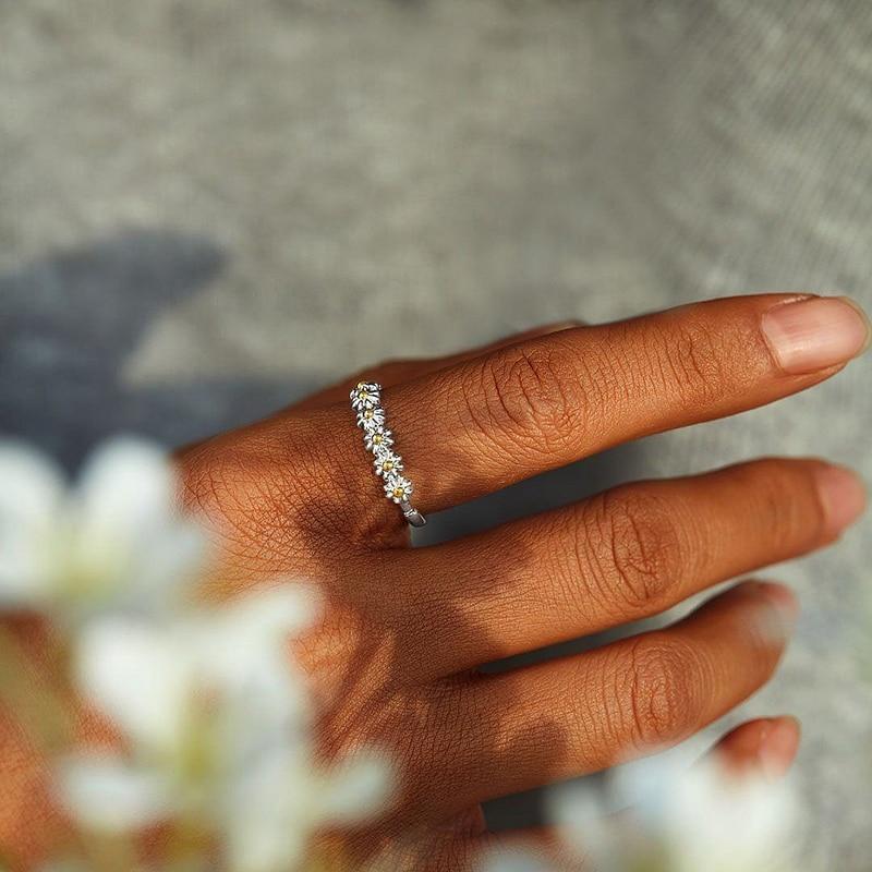 Bague Marguerite en Argent Ajustable et Émail Peint à la Main