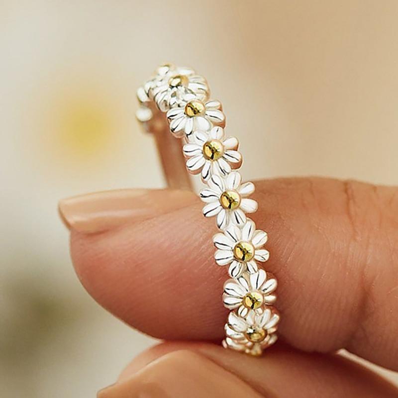 Bague Marguerite en Argent Ajustable et Émail Peint à la Main