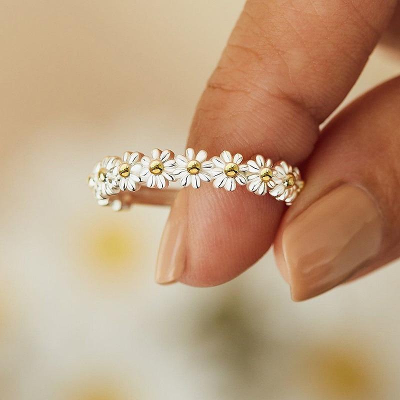 Bague Marguerite en Argent Ajustable et Émail Peint à la Main