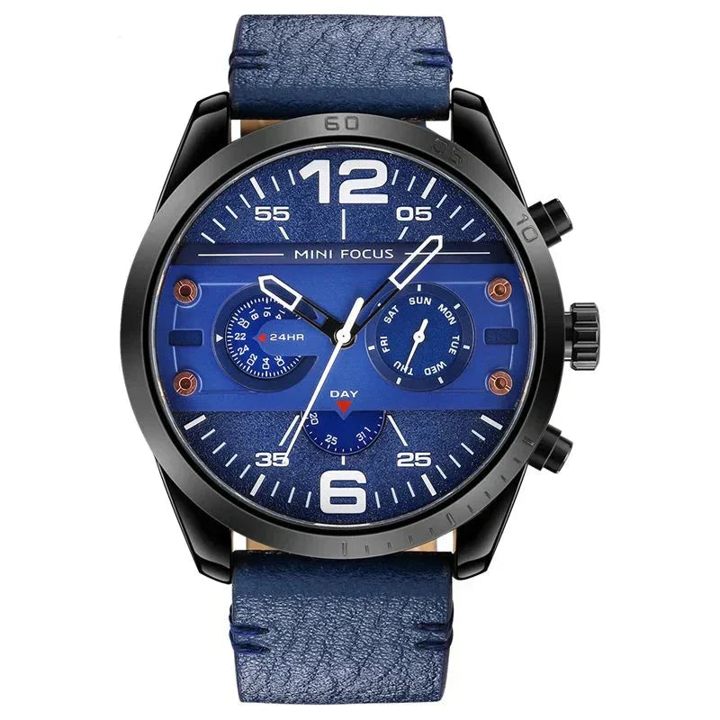 Montre de Sport Chronographe Quartz avec Bracelet en Cuir Luxe